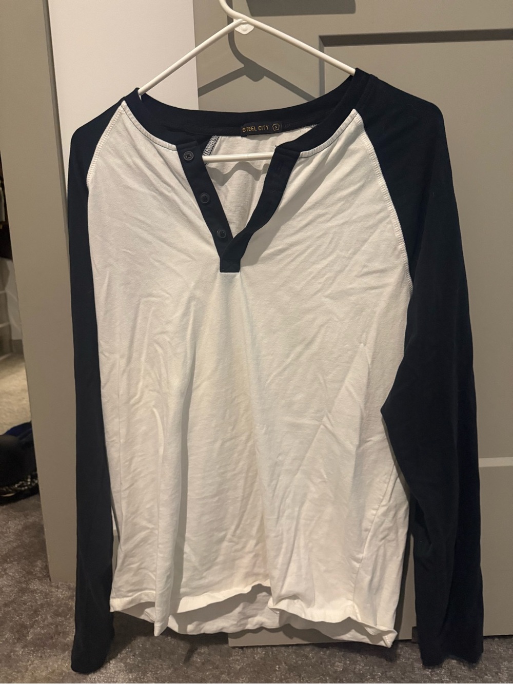 Steel City Women's Black and White Henley Raglan Long Sleeve Tee
